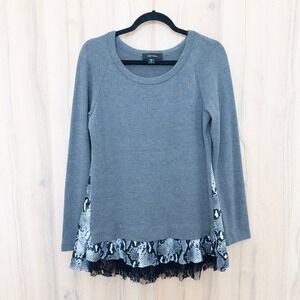 Karen‎ Kane Womens Lace Trim Long Sleeve Top Size S Gray Office Modern Boho